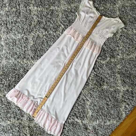 Vintage Her Majesty Blush Pink Smocked Ruffle Nightgown Satin Slip Chemise - Picture 13 of 13